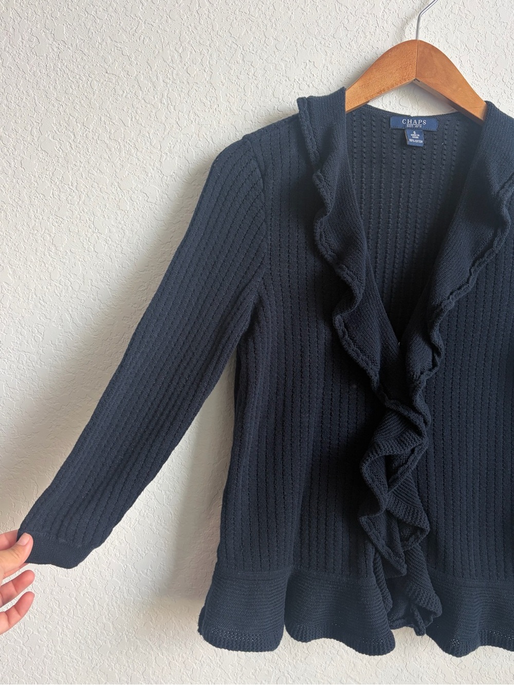 Chaps Navy Ruffle-Front Knit Cardigan - Picture 2 of 4